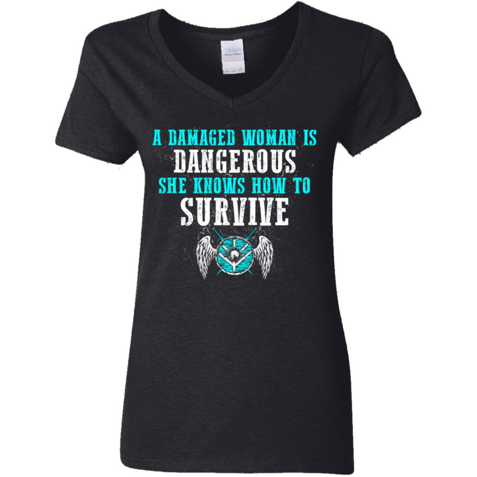 A damaged woman is dangerous she survive shieldmaiden t-shirt, Front