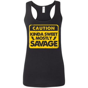 Caution Kinda sweet mostly savage, FrontApparel[Heathen By Nature authentic Viking products]Ladies' Softstyle Racerback TankBlackS