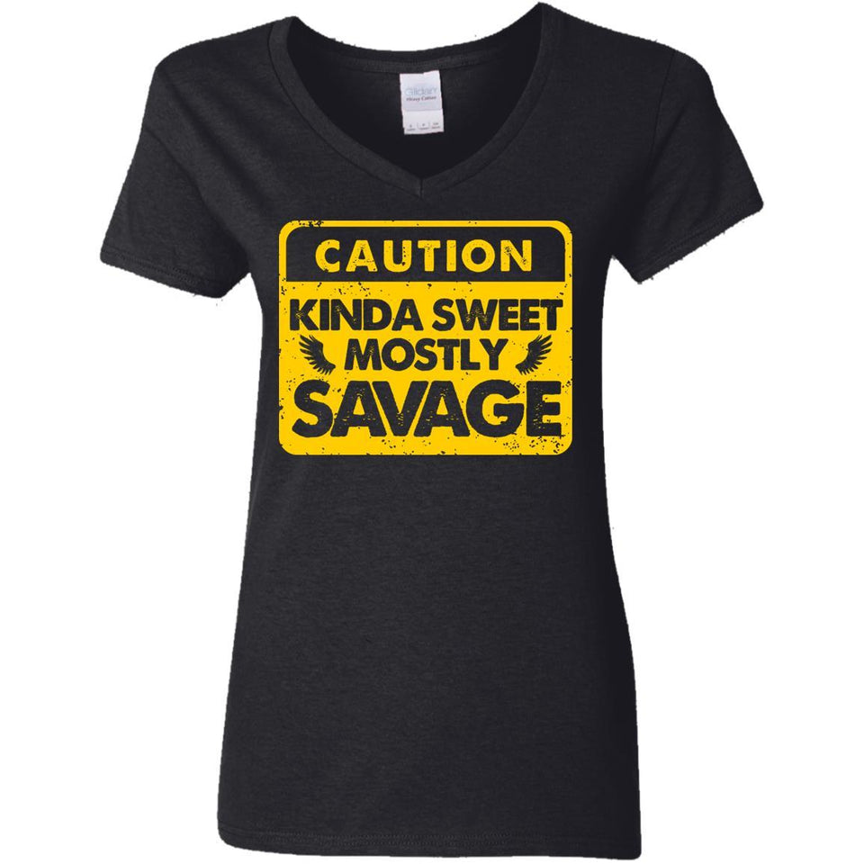 Caution Kinda sweet mostly savage, FrontApparel[Heathen By Nature authentic Viking products]Ladies' V-Neck T-ShirtBlackS