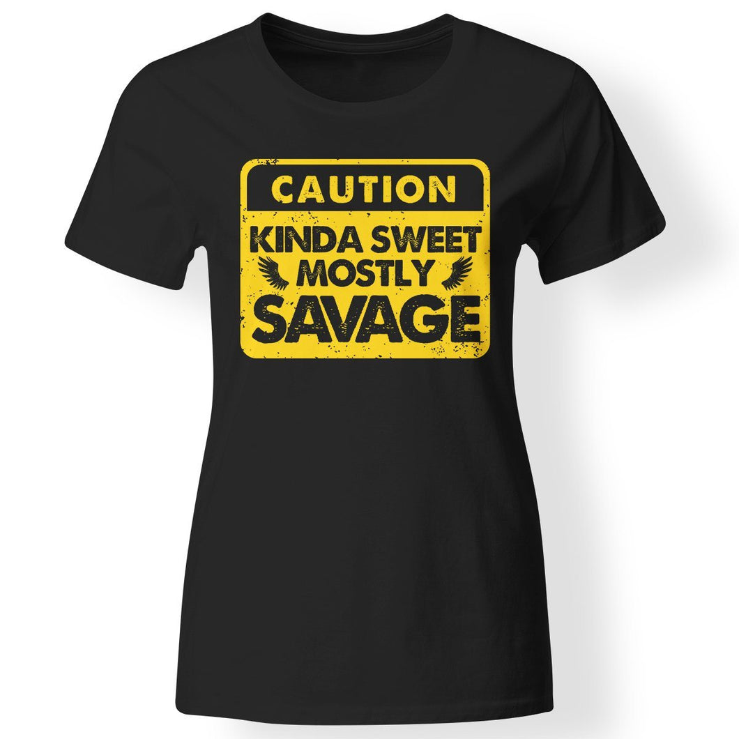 Caution Kinda sweet mostly savage, FrontApparel[Heathen By Nature authentic Viking products]Next Level Ladies' T-ShirtBlackX-Small