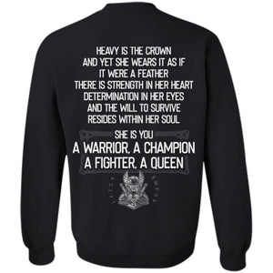 Shieldmaiden, Viking, Norse, Gym t-shirt & apparel, A warrior, a champion, a fighter, a queen, FrontApparel[Heathen By Nature authentic Viking products]Unisex Crewneck Pullover SweatshirtBlackS