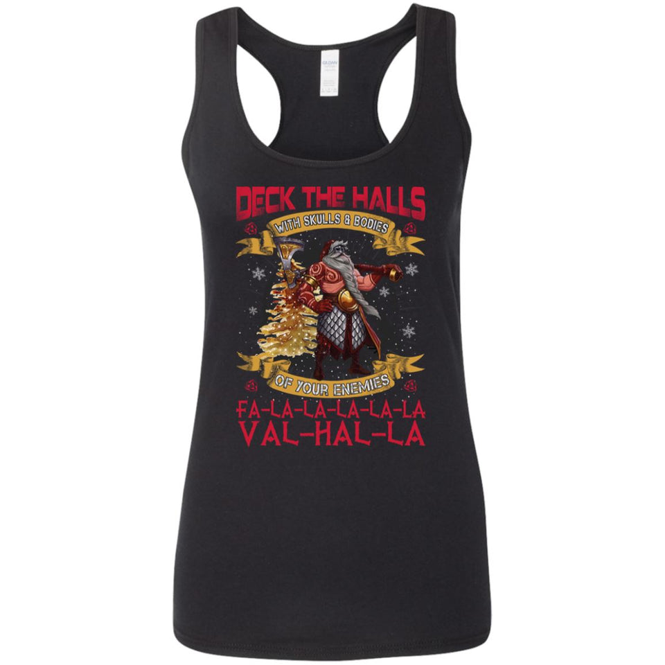 Shieldmaiden, Viking, Norse, Gym t-shirt & apparel, Deck the halls with skulls and bodies of your enemies, FrontApparel[Heathen By Nature authentic Viking products]Ladies' Softstyle Racerback TankBlackS