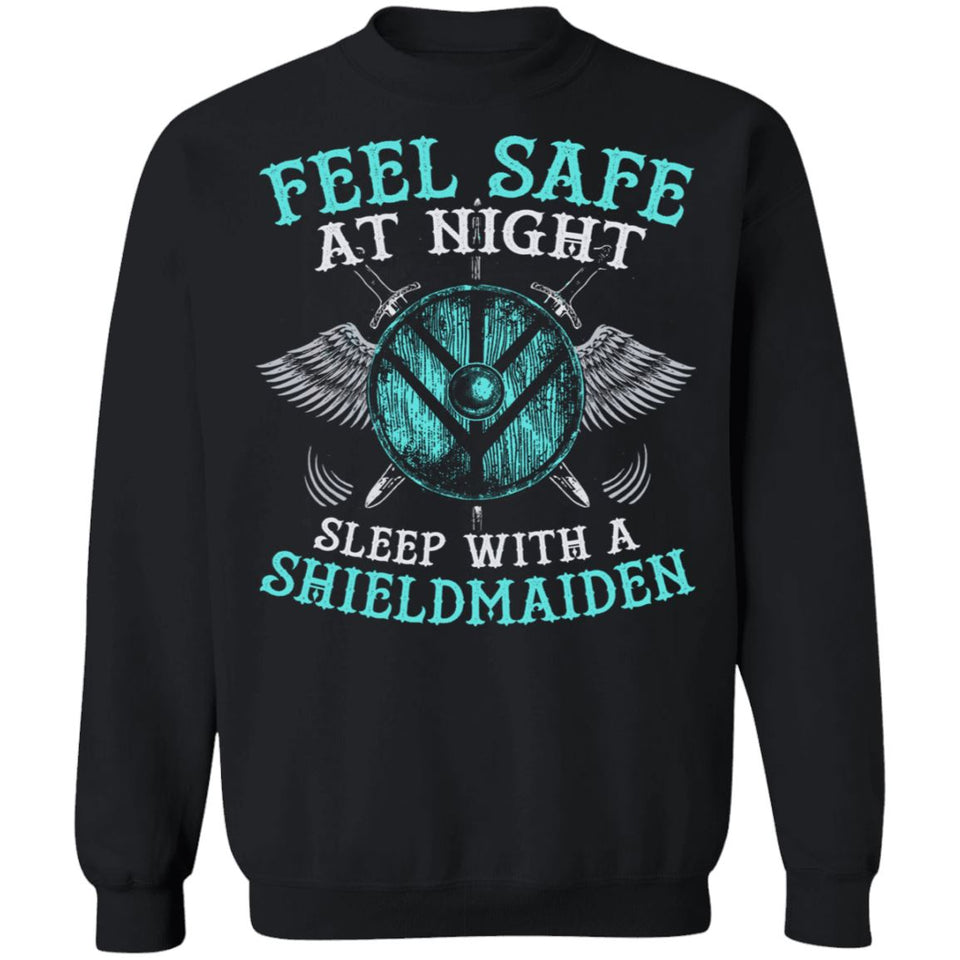Shieldmaiden, Viking, Norse, Gym t-shirt & apparel, Feel safe at night, frontApparel[Heathen By Nature authentic Viking products]Unisex Crewneck Pullover SweatshirtBlackS