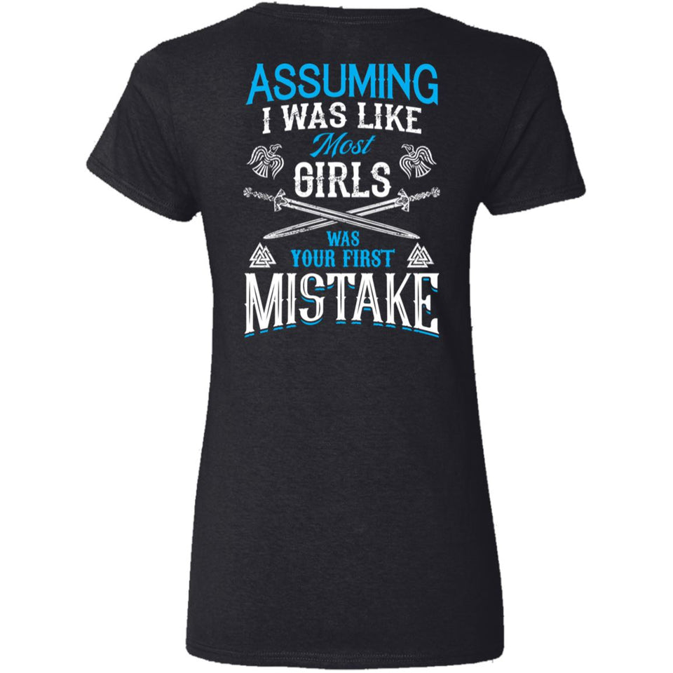 Shieldmaiden, Viking, Norse, Gym t-shirt & apparel, I was your first mistake, BackApparel[Heathen By Nature authentic Viking products]Ladies' V-Neck T-ShirtBlackS