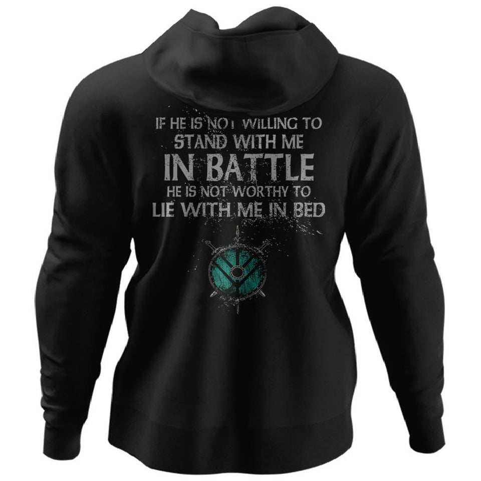 Shieldmaiden, Viking, Norse, Gym t-shirt & apparel, If he is not willing to stand with me in battle, BackApparel[Heathen By Nature authentic Viking products]Unisex Pullover HoodieBlackS
