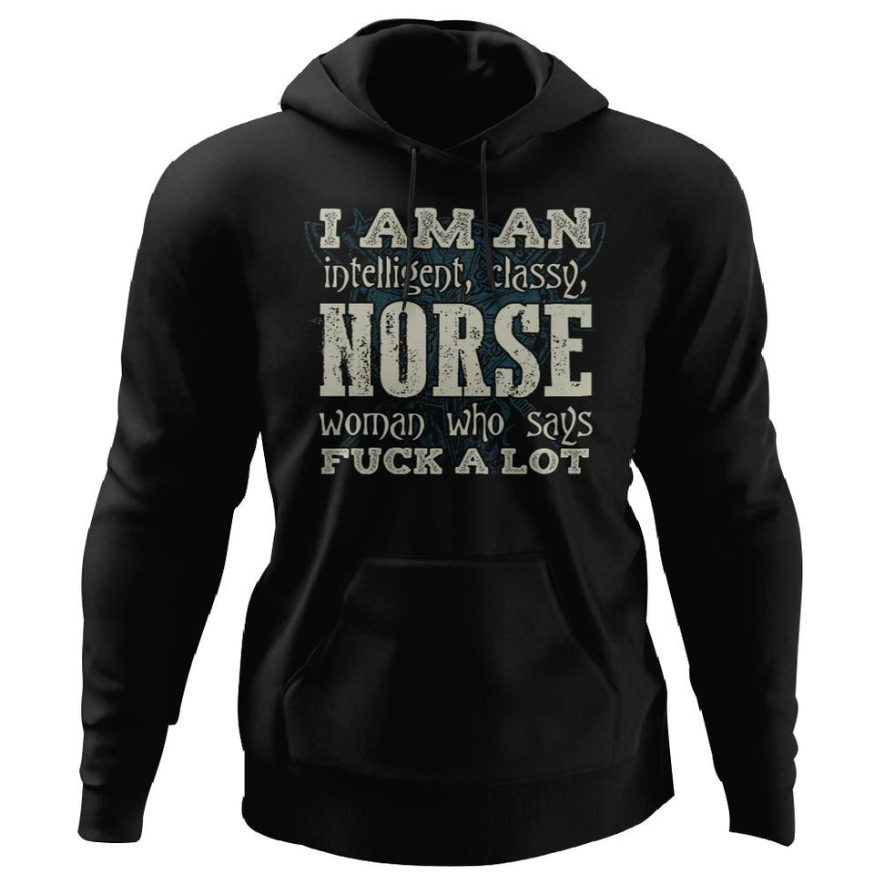 Shieldmaiden, Viking, Norse, Gym t-shirt & apparel, I'm an intelligent - classy Norse, FrontApparel[Heathen By Nature authentic Viking products]Unisex Pullover HoodieBlackS