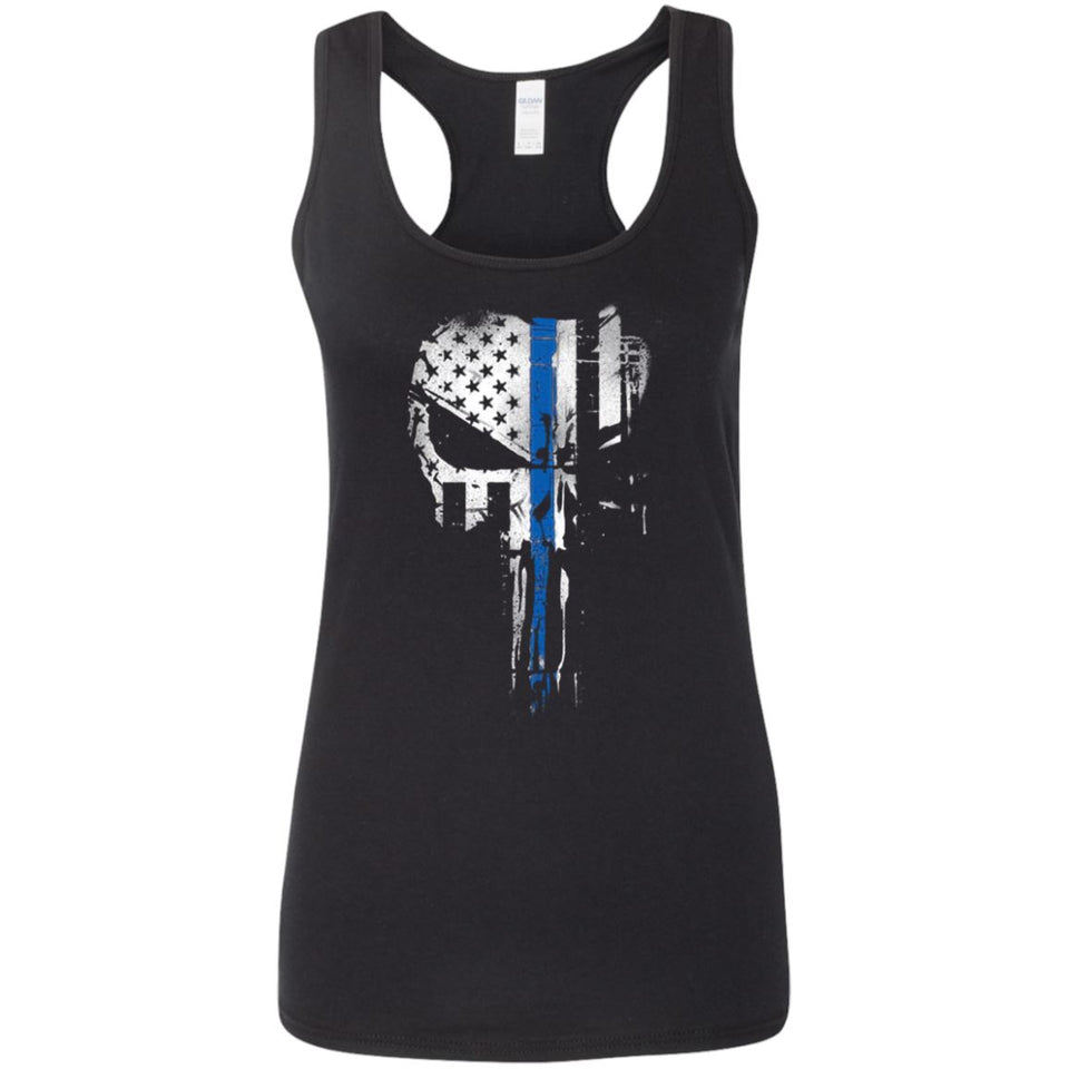 Shieldmaiden, Viking, Norse, Gym t-shirt & apparel, Skull Thin Blue Line,FrontApparel[Heathen By Nature authentic Viking products]Ladies' Softstyle Racerback TankBlackS