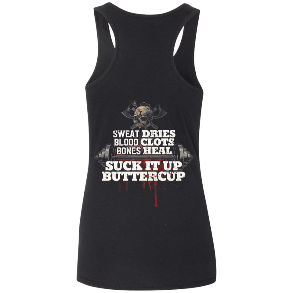 Shieldmaiden, Viking, Norse, Gym t-shirt & apparel, Suck it up buttercup, backApparel[Heathen By Nature authentic Viking products]Ladies' Softstyle Racerback TankBlackS