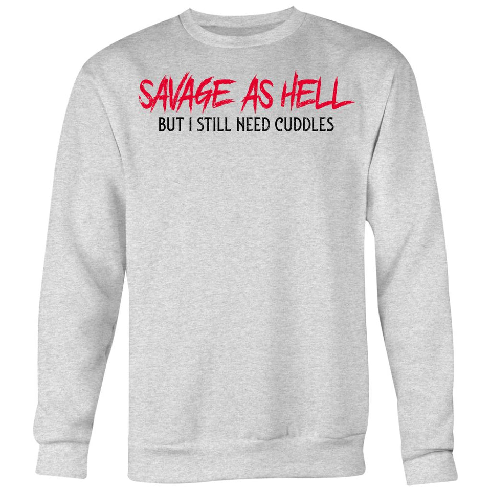 Teelaunch, Savage as hell, White, FrontT-shirt[Heathen By Nature authentic Viking products]Crewneck Sweatshirt Big PrintHeather GreyS