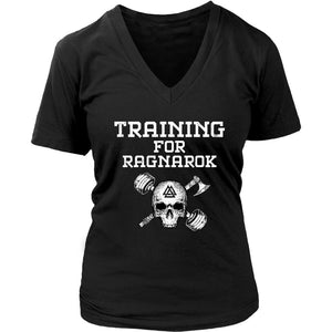 Teelaunch, Training for Ragnarok, FrontT-shirt[Heathen By Nature authentic Viking products]District Womens V-NeckBlackS