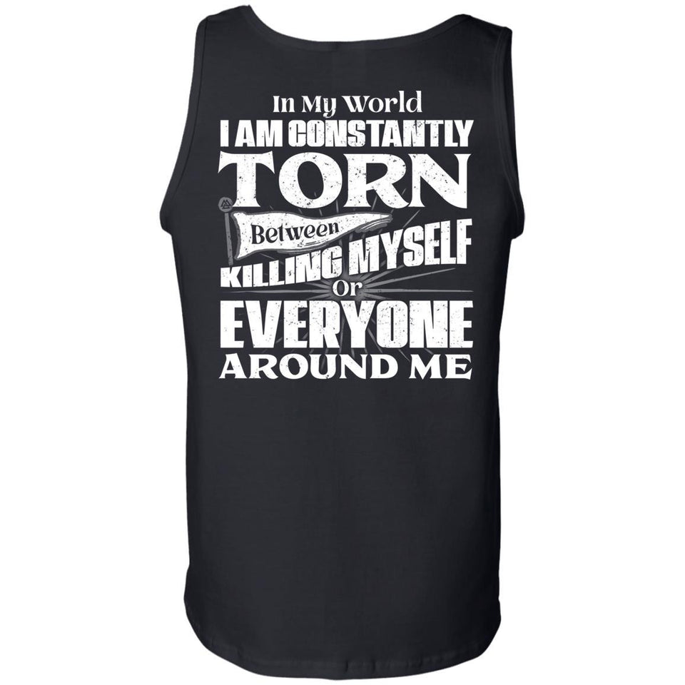 Viking, Norse, Gym t-shirt & apparel, I am constantly torn, BackApparel[Heathen By Nature authentic Viking products]Cotton Tank TopBlackS