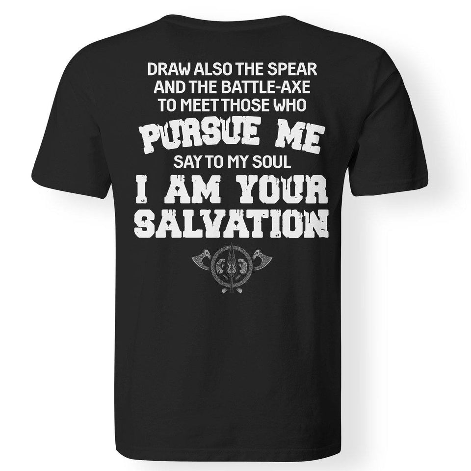 Viking, Norse, Gym t-shirt & apparel, I am your salvation, BackApparel[Heathen By Nature authentic Viking products]Gildan Premium Men T-ShirtBlack5XL