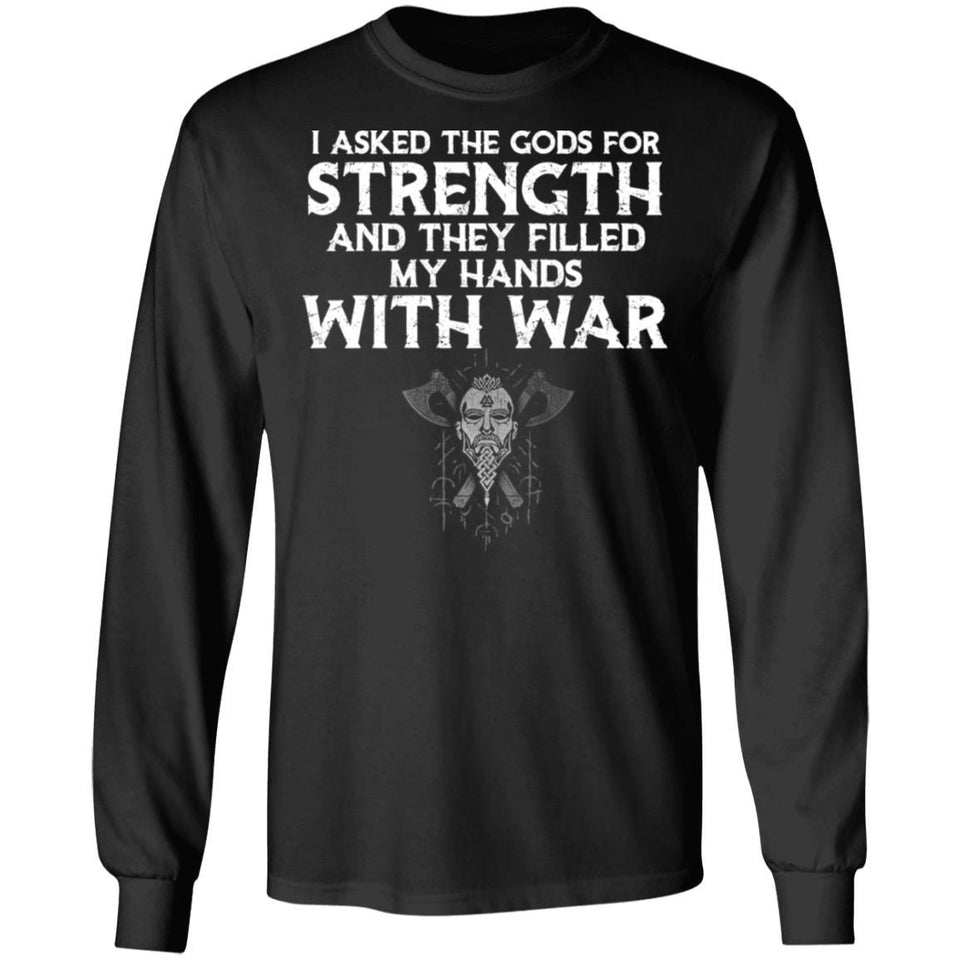 Viking, Norse, Gym t-shirt & apparel, I asked the gods for strength, FrontApparel[Heathen By Nature authentic Viking products]Long-Sleeve Ultra Cotton T-ShirtBlackS