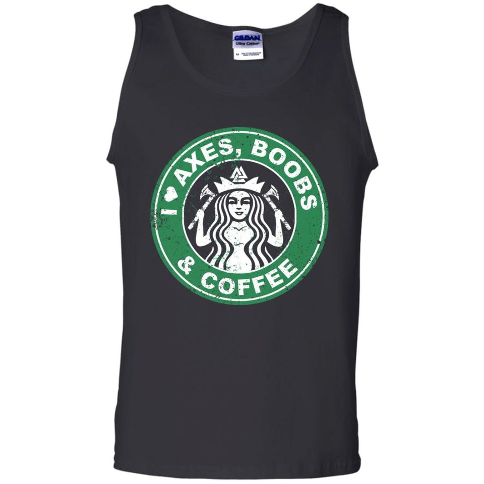 Viking, Norse, Gym t-shirt & apparel, I love axes boobs and coffee, frontApparel[Heathen By Nature authentic Viking products]Cotton Tank TopBlackS