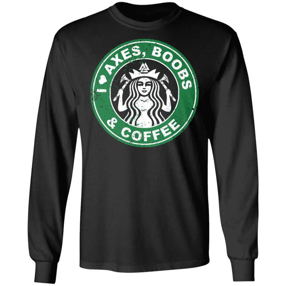 Viking, Norse, Gym t-shirt & apparel, I love axes boobs and coffee, frontApparel[Heathen By Nature authentic Viking products]Long-Sleeve Ultra Cotton T-ShirtBlackS