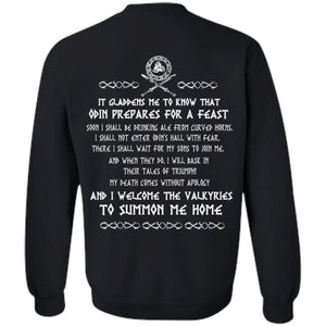 Viking, Norse, Gym t-shirt & apparel, It gladdens me to know that Odin prepares for a feast, backApparel[Heathen By Nature authentic Viking products]Unisex Crewneck Pullover SweatshirtBlackS