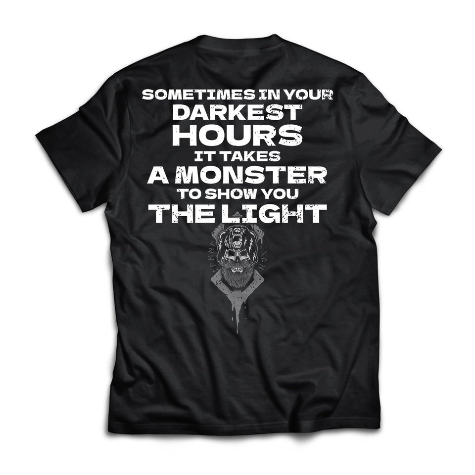 Viking, Norse, Gym t-shirt & apparel, It takes a monster to show you the light, BackApparel[Heathen By Nature authentic Viking products]Next Level Premium Short Sleeve T-ShirtBlackX-Small