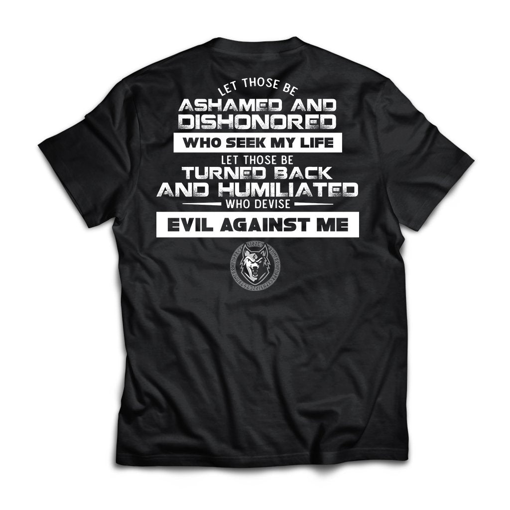 Viking, Norse, Gym t-shirt & apparel, Let those be ashamed and dishonored who seek my life, BackApparel[Heathen By Nature authentic Viking products]Next Level Premium Short Sleeve T-ShirtBlackX-Small