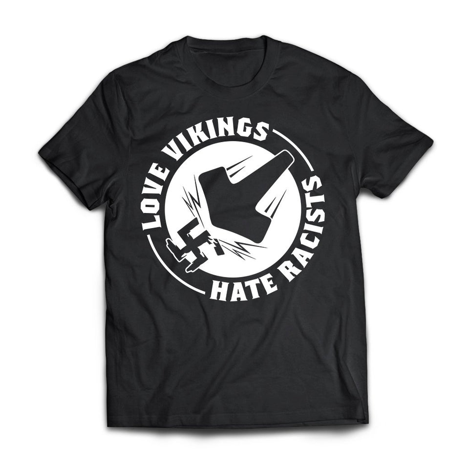 Viking, Norse, Gym t-shirt & apparel, Love Vikings Hate Racists, FrontApparel[Heathen By Nature authentic Viking products]Next Level Premium Short Sleeve T-ShirtBlackX-Small