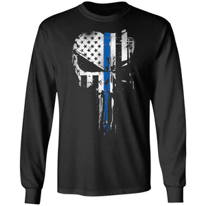 Viking, Norse, Gym t-shirt & apparel, Skull Thin Blue Line, FrontApparel[Heathen By Nature authentic Viking products]Long-Sleeve Ultra Cotton T-ShirtBlackS