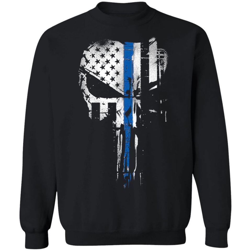 Viking, Norse, Gym t-shirt & apparel, Skull Thin Blue Line, FrontApparel[Heathen By Nature authentic Viking products]Unisex Crewneck Pullover Sweatshirt 8 oz.BlackS