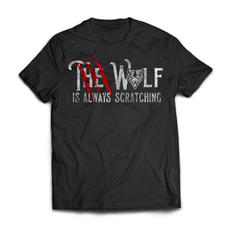 Viking, Norse, Gym t-shirt & apparel, The wolf is always scratching, frontApparel[Heathen By Nature authentic Viking products]Next Level Premium Short Sleeve T-ShirtBlackX-Small